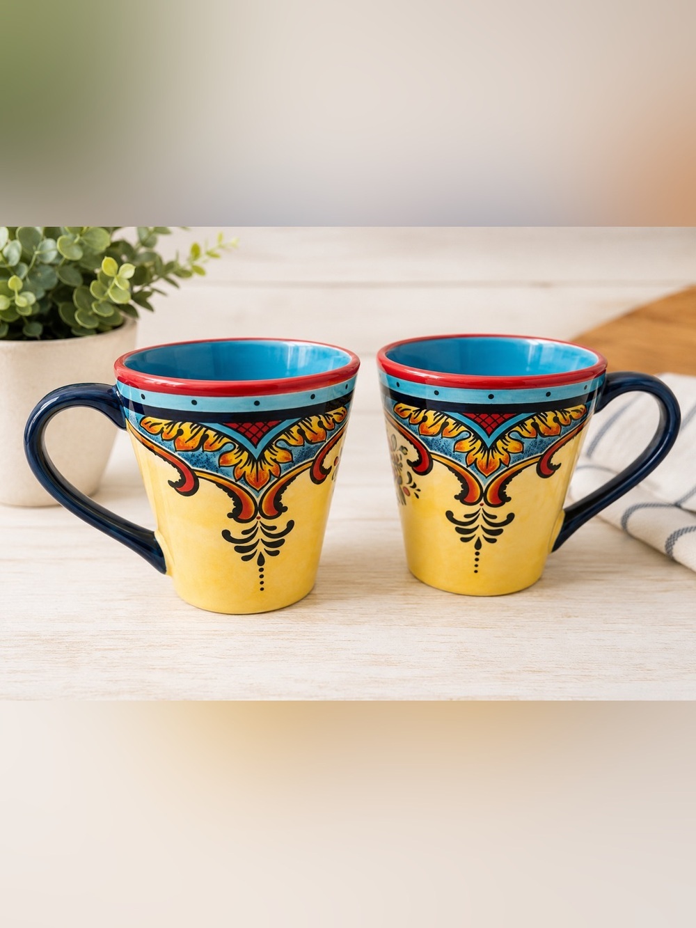 2 Euro Ceramica Coffee Cups, Colorful Mugs.